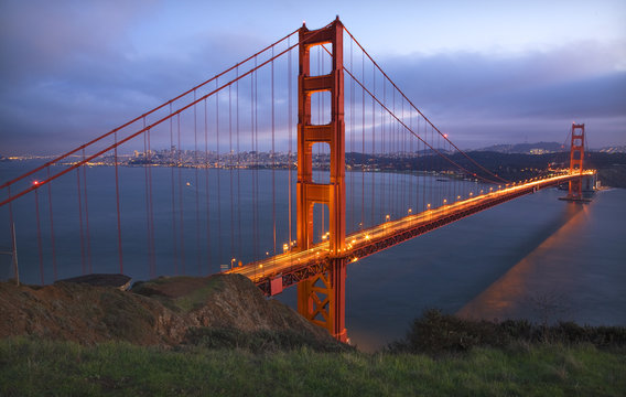 Headlands Golden Gate Bridge Evening with Lights San Francisco C