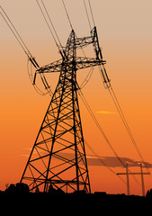 Fototapeta premium Vector sunset silhouette of Power line and electric pylons