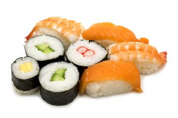 sushi assortment on white background