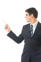 Young businessman or teacher at conference, isolated