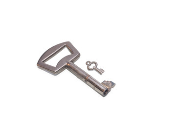 Little gold key and old big one isolated on white