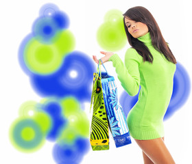 Shopping happy woman. over abstract background