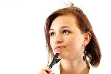 cogitative woman with pen