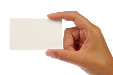 Obraz premium Hand holding an empty business card. Isolated on white.