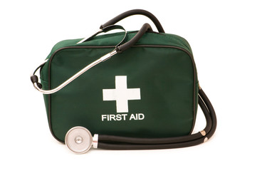 First aid kit and stethoscope isolated on the white