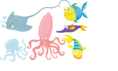 Fototapeta na wymiar ilustracji z różnych podwodnych zwierząt na białym tle