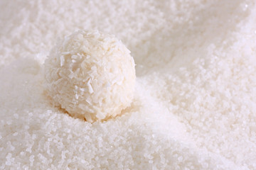 A coconut candy is in sugar.