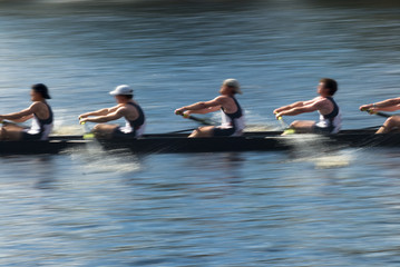 Teamwork, rowers in a rowing boat pulling in harmony