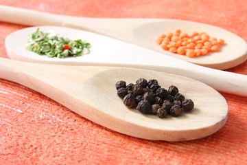 Food still life - herbs on wooden spoon