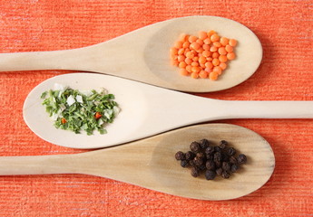 Food still life - herbs on wooden spoon