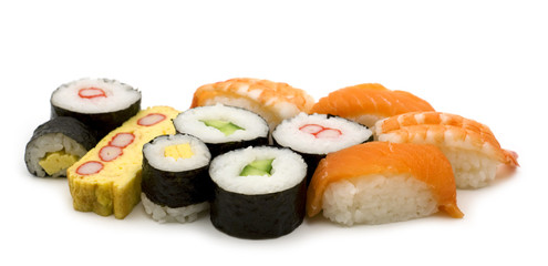 sushi assortment on white background