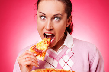 funny woman eating pizza