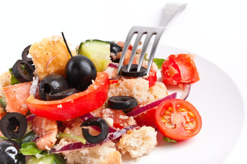 serving of Italian Panzanella Bread salad on a white plate