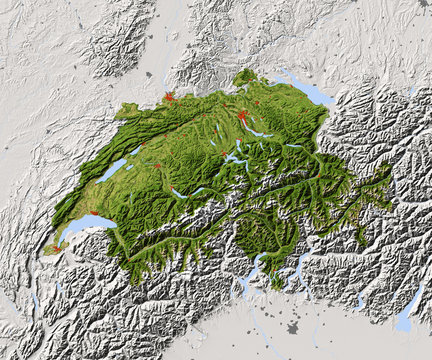 Switzerland, Shaded Relief Map, Colored For Vegetation