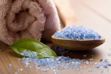 herbal salt and towel. spa and body care background