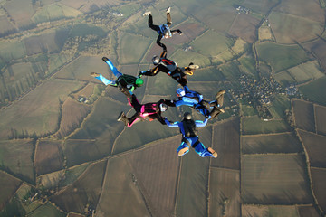 Six skydivers in freefall