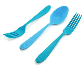 Two blue forkes and spoon