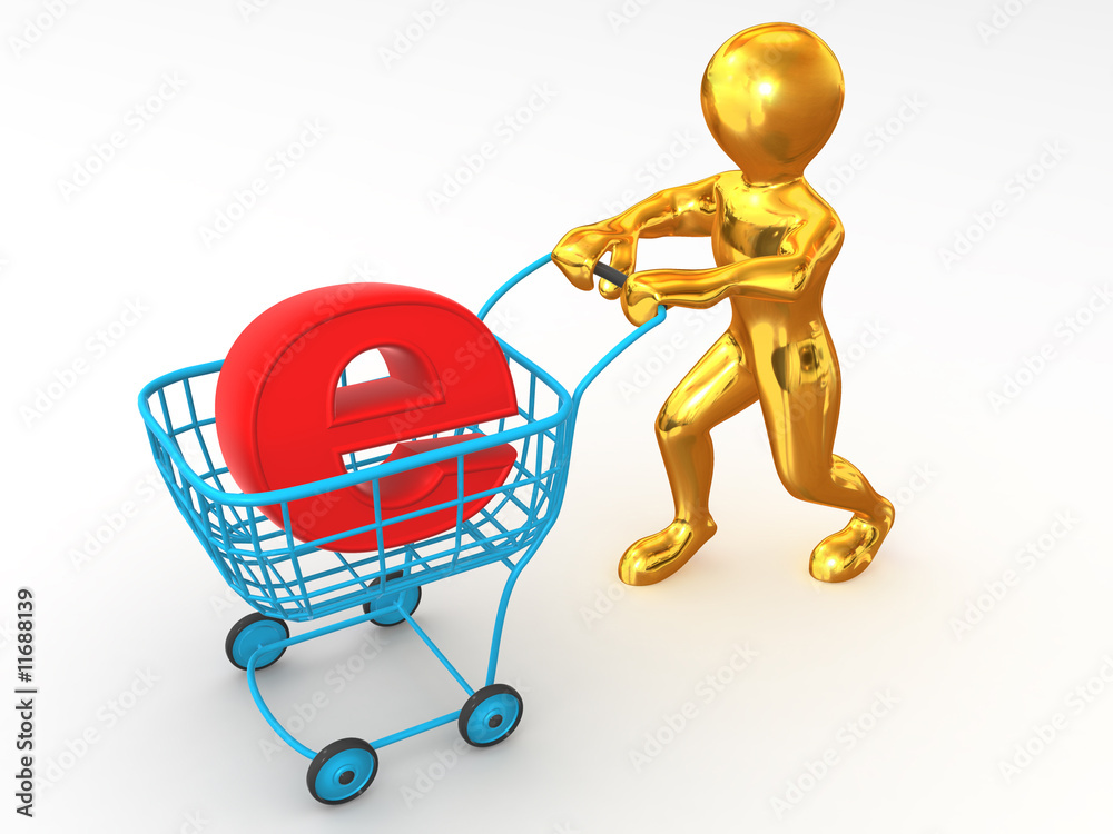 Poster man with consumer basket and sign for internet