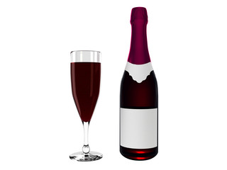 Wine bottle with blank labels and wine in glass