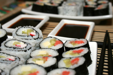 sushi plate with chopsticks. Shallow dof.