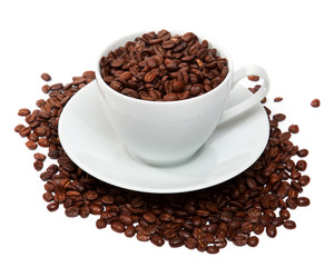 cup of coffee beans sitting in a bed of coffee beans