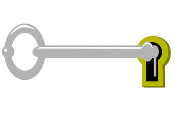 A skeleton key in a brass lock