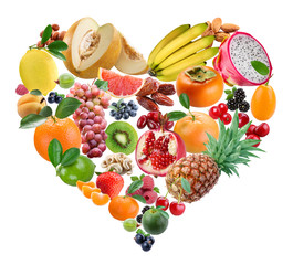 The fruits in a form of heart are in a white background