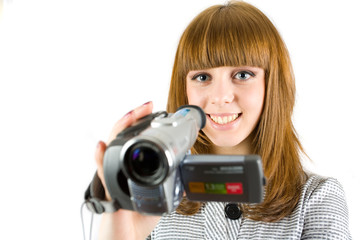 Naklejka premium Girl using video camera