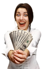 Happy young woman holding money