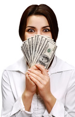 Happy young woman holding money