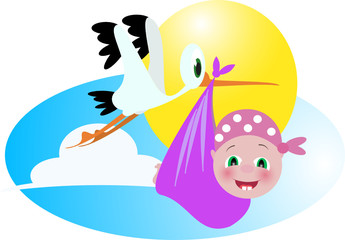 baby ghirl and stork illustration