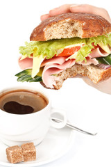 Ham sandwich and coffee