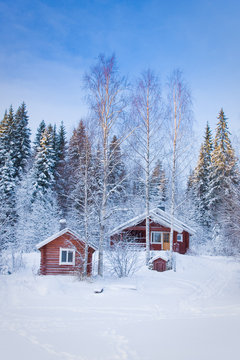 Small wooden house in winter forest