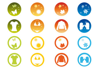 Clothing and symbols of winter, autumn, spring and summer.
