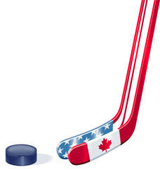 Hockey sticks in USA and Canada flag colors and puck