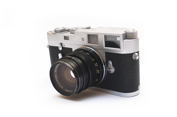 Fototapeta premium Old vintage rangefinder photo camera isolated over white