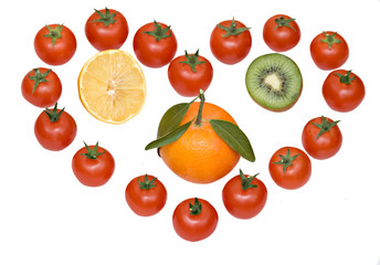 Composition of tomatoes and fruits symbolizing love for fruits