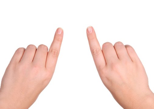 Two pointing hands on white background