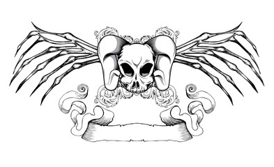 vintage emblem with skull, floral and ribbon