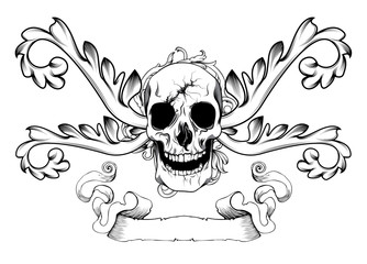 vintage emblem with skull, floral and ribbon