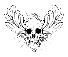 vintage emblem with skull, floral and ray