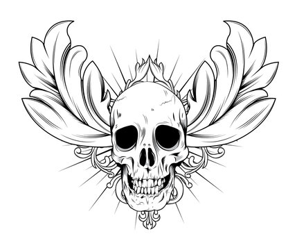 vintage emblem with skull, floral and ray