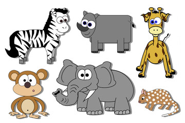 Animaux de dessin animé isolés - zèbre, rhinocéros, quoll, singe, etc.