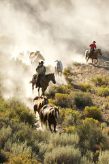 Two cowboys guiding a line of horses through the desert