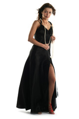 Girl in black dress isolated on white background