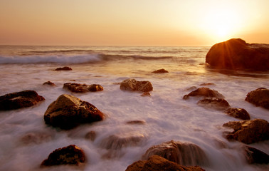 Long exposure, sea in motion at sunset, California dreams