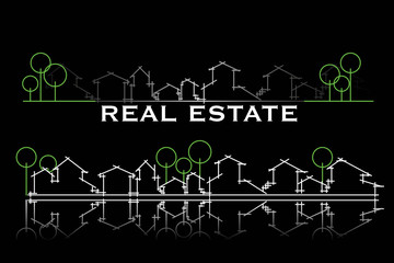 Real estate business card with houses and trees silhouette - obrazy, fototapety, plakaty