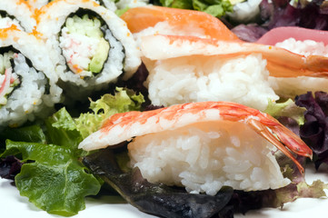 sushi sashimi shrimp tuna salmon with california rolls