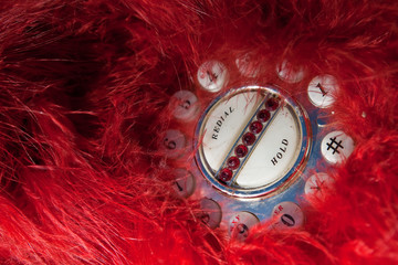 Phone dial covered in red feathers