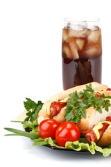 Hot dog with vegetables and cola